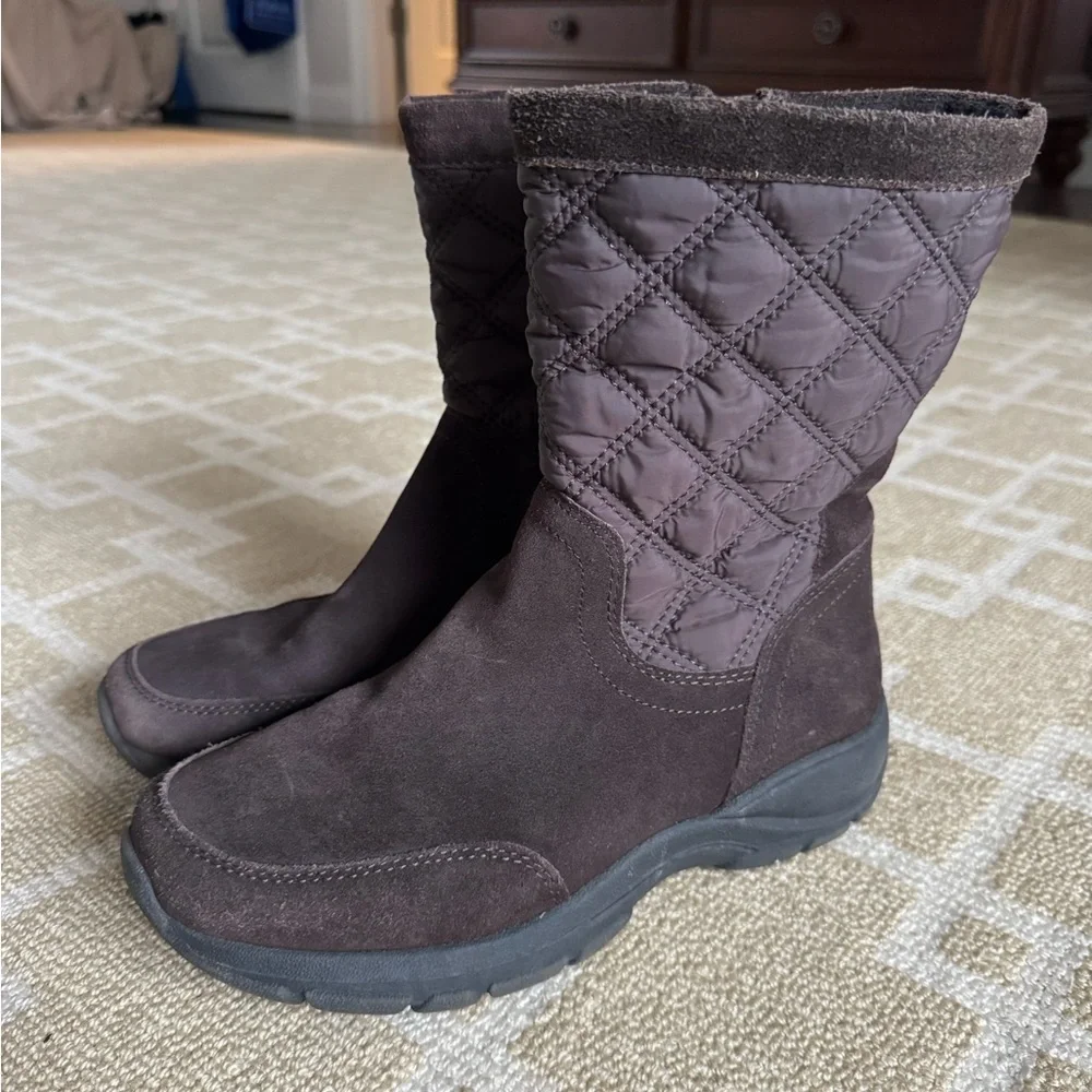 Lands’ End Quilted Suede Winter Boots Insulated Zip Up Outdoor Holiday Brown 8